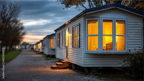 Cozy mobile homes lit up at dusk on a quiet street