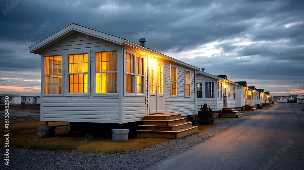Obraz premium Cozy beachfront mobile homes illuminated at dusk