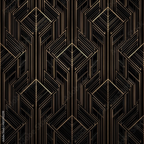 Repeating gold geometric deco pattern on a black background, vertical oriented shapes