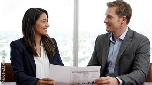 Wallpaper Mural Two business professionals reviewing paperwork at a table in front of a window Torontodigital.ca