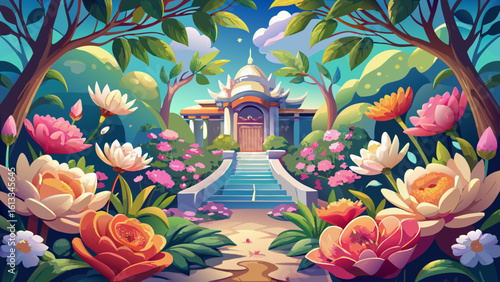 In the stunning elegance of a floral sanctuary, vibrant blossoms create harmony and peace. Semi-realistic textures and shading bring this delicate haven to life, capturing beauty in every graceful det