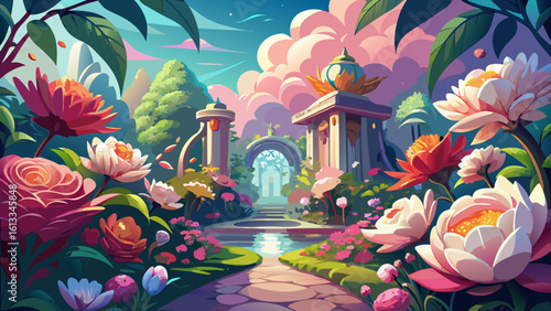 In the stunning elegance of a floral sanctuary, vibrant blossoms create harmony and peace. Semi-realistic textures and shading bring this delicate haven to life, capturing beauty in every graceful det