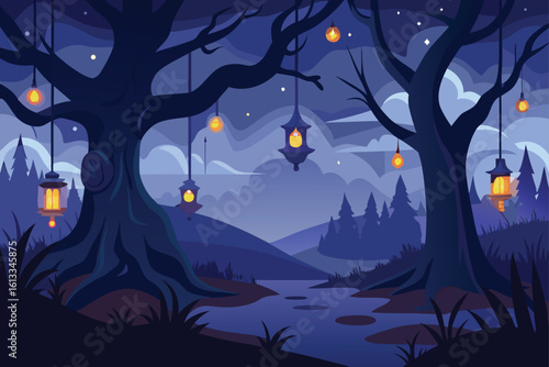 Magical Tree with Hanging Lanterns Vector