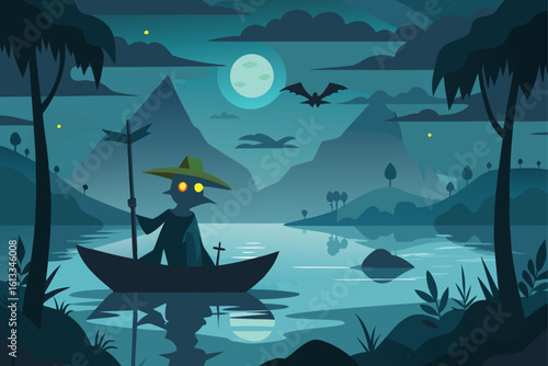 Halloween Boat Ride with Witch Vector