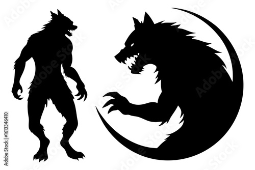 Two black werewolf monsters full body silhouette vector illustration