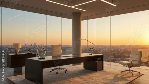 Modern office with sunset view in high rise building, workspace interior design concept