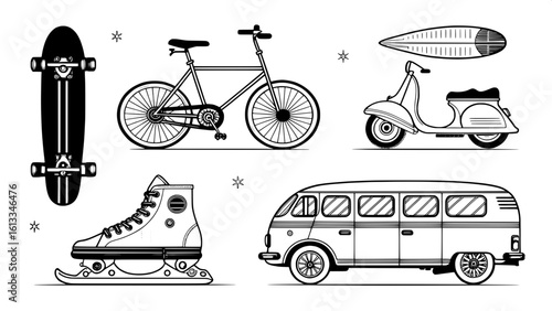 “A flat graphic line art series of summer transportation icons: skateboard, bicycle, vintage scooter, surf van, jet ski, and rollerblades. Each object is drawn in bold black outlines with a clean, 2D 