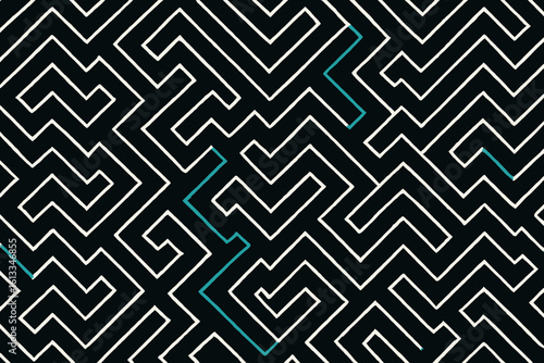 Intricate maze pattern with a turquoise solution path, set against a stark black background, creating a visually engaging and conceptually challenging design, perfect for backgrounds.