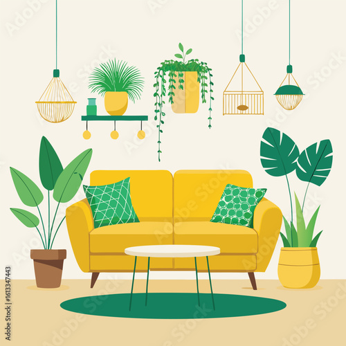 living room with yellow sofa, plants and birdcage.
