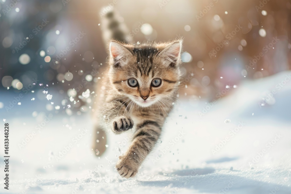 Small tabby kitten running and playing in the snow on a bright sunny winter day Small tabby kitten running and playing in the snow on a bright sunny winter day