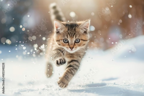 Small tabby kitten running and playing in the snow on a bright sunny winter day