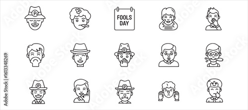 Collection of 36 April Fools' Day line icons featuring editable strokes. Perfect for websites, infographics, and applications. Set against a white background.