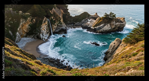 Fototapeta Naklejka Na Ścianę i Meble -  A scenic view of mcway falls cascading onto the beach surrounded by cliffs and ocean waters