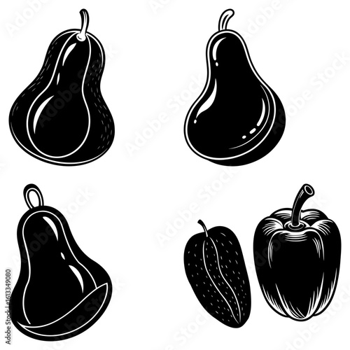 Illustration of four black and white fruits and vegetables including pears and bell peppers in a group