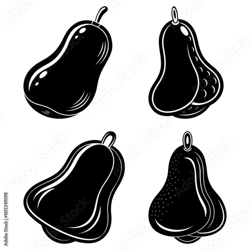 Illustration of four black and white rose apples in varying styles and orientations on a white background