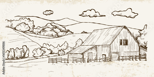Hand-drawn landscape in vintage style with a wooden house, hills and trees on a light background with texture.