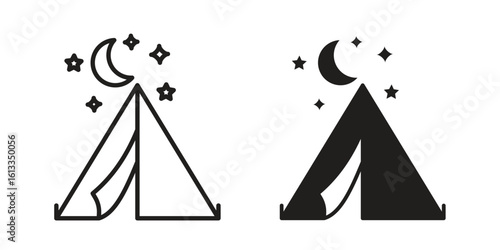 Night camping icon vector in thin line and flat style with editable stroke