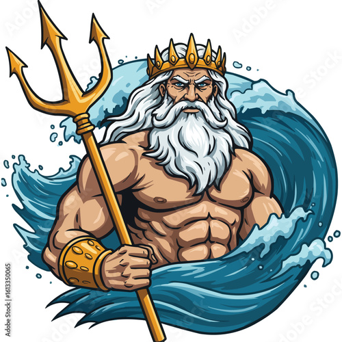 Poseidon, Greek God of the Sea, Holding Trident Amidst Ocean Waves