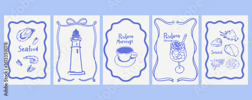 Hand drawn coastal line illustrations with seafood, lighthouse, morning coffee, cocktail, seashells. Retro mediterranean summer vector sketch posters in rough chalk texture for menu prints.