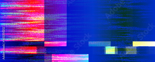 Vibrant vector glitch background with distorted blocks and RGB color errors on a blue base. Modern and edgy digital texture