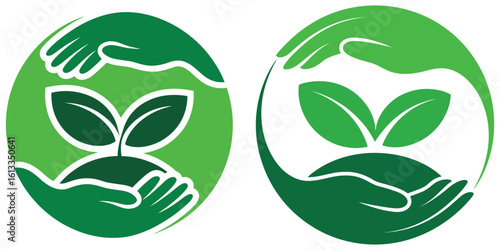 Two green hands cradling a plant sprout seedling growth