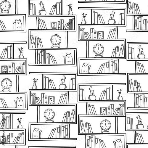 A charming illustration features multiple bookshelves filled with books, decorative clocks, and cute animals peeking out. This creative design showcases a cozy and playful atmosphere.