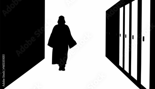 Silhouette of a person in a robe walking down a hallway with lockers on the right side of the wall | editable eps vectors