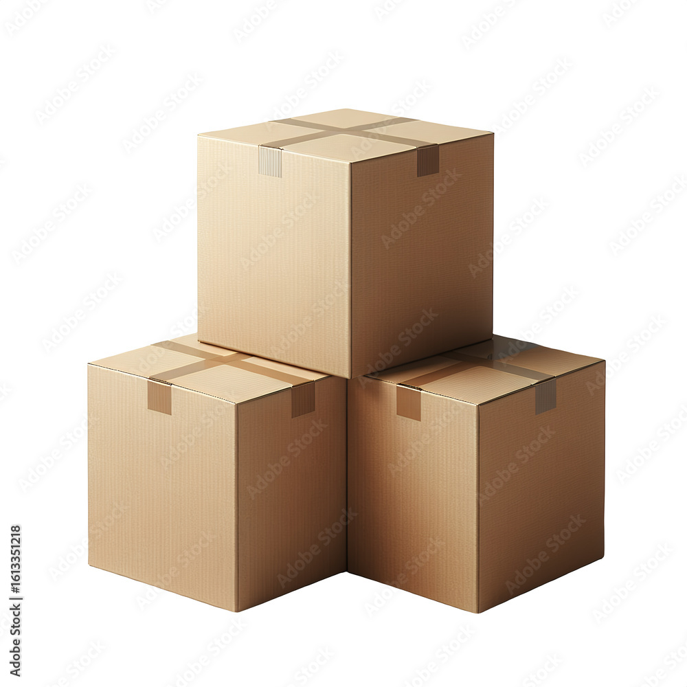 Fototapeta premium Stack of Three Brown Cardboard Boxes for Delivery, Cargo, and Courier Services on White Background