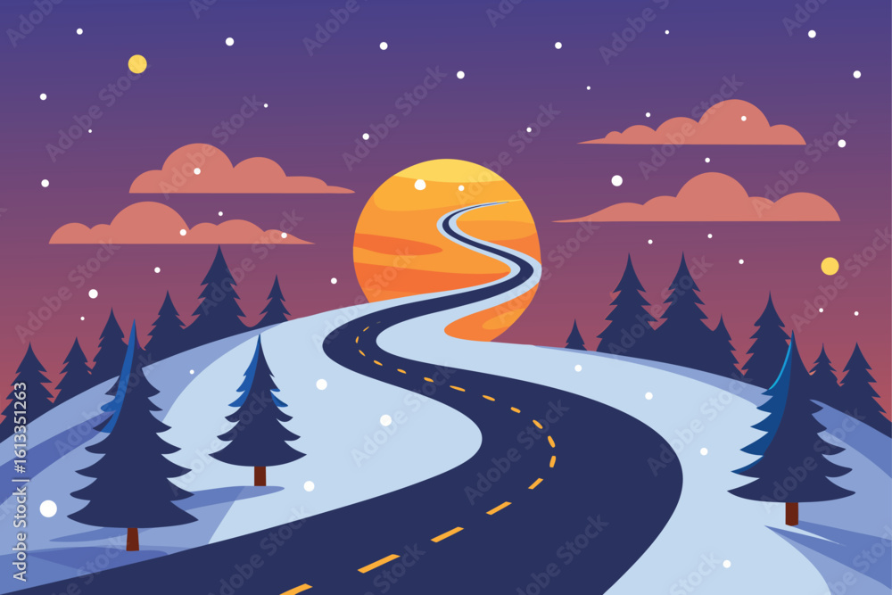 Naklejka premium Scenic Winter Road Sunset Vector