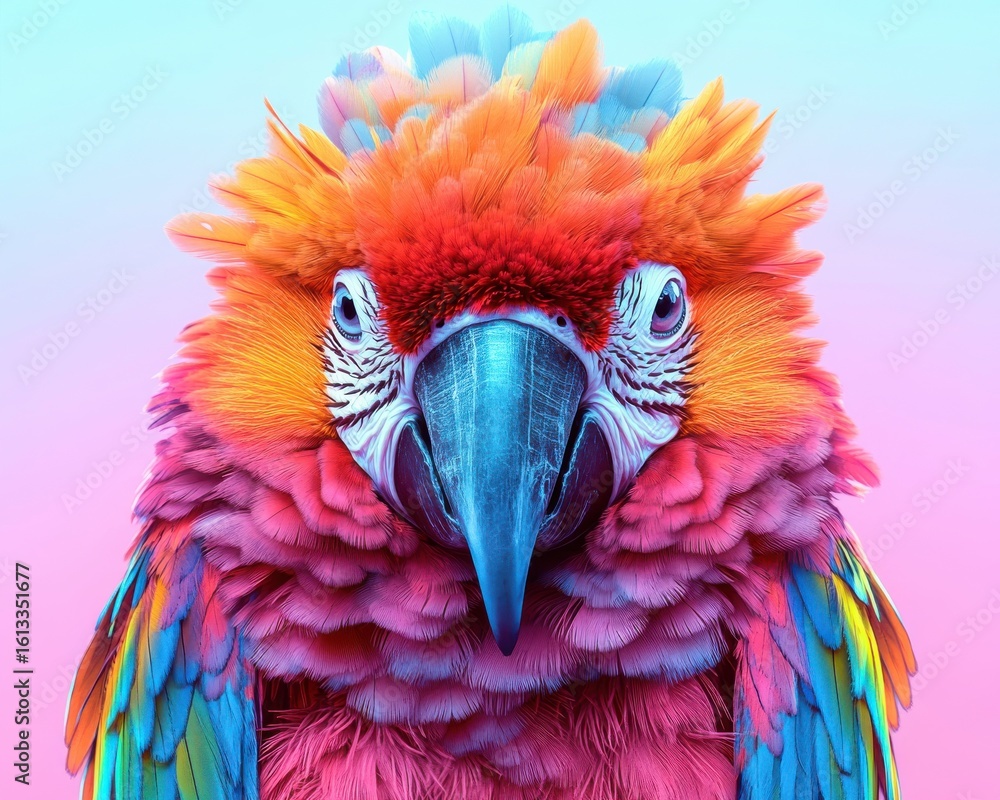 Obraz premium A vibrant and colorful scarlet macaw parrot with striking feathers against a soft pink and blue gradient background.