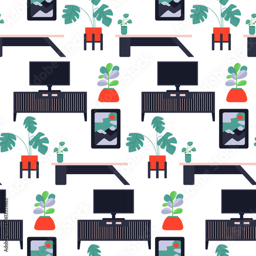 This artwork showcases a modern design pattern with various furniture pieces, including tables and monitors, decorated by green plants in colorful pots, creating a lively atmosphere.