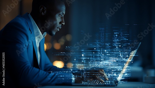 Focused Businessman Working Late at Night on a Laptop with Code Overlay, A dark, professional setting depicts a focused dark-skinned man in a suit working late at night on a laptop.