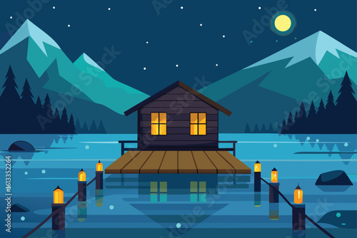 Lakeside Cabin with Blue Roof and String Lights