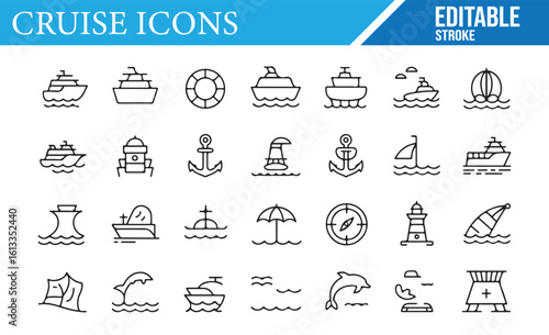 Cruise and Ocean Travel Icons for Vacation, Maritime, and Leisure Projects

