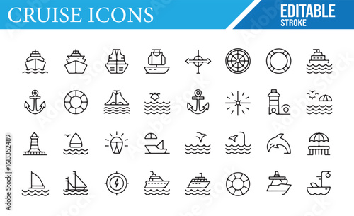 Sailing, Ship, and Seaport Icons for Cruise Travel and Maritime Illustrations