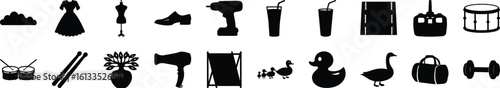 Collection of Miscellaneous Black Silhouettes on icon set Horizontal row of various black silhouette icons representing objects, tools, animals, food, and clothing isolated on white background.
 
