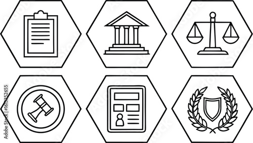 Legal icons courthouse scales gavel document shield justice