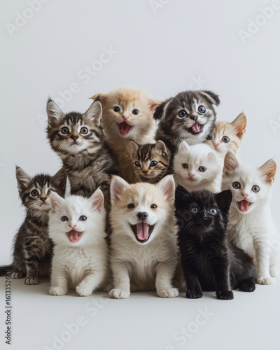 A playful group of kittens, featuring a mix of tabby, maine coon, and domestic cats, displaying playful energy.