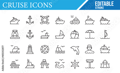 A collection of editable stroke icons representing cruise and sailing themes, including ships, lighthouses, life vests, anchors, dolphins, and seafaring activities, ideal for travel, maritime, and vac
