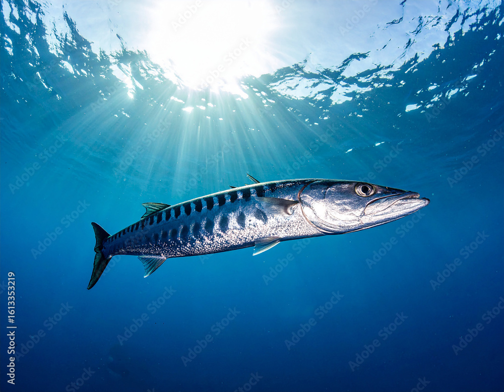 Fototapeta premium Barracuda Fish Swimming Underwater: Marine Predator in Clear Ocean Scene for Wildlife, Tropical Sea Life, and Aquatic Nature Exploration Themes