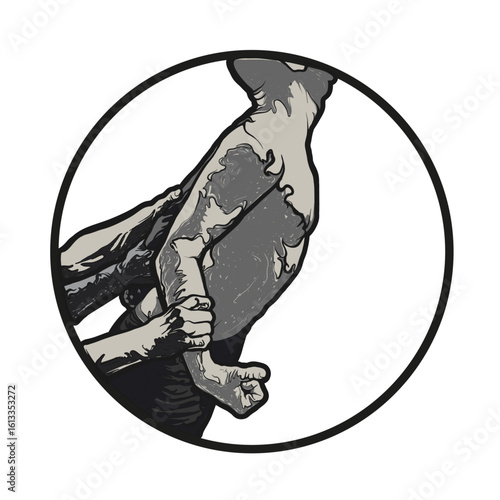 Forward, But Chained. An image of a person held by the hands of other people. A person who strives for movement and development, but society holds her back and pulls her back.
