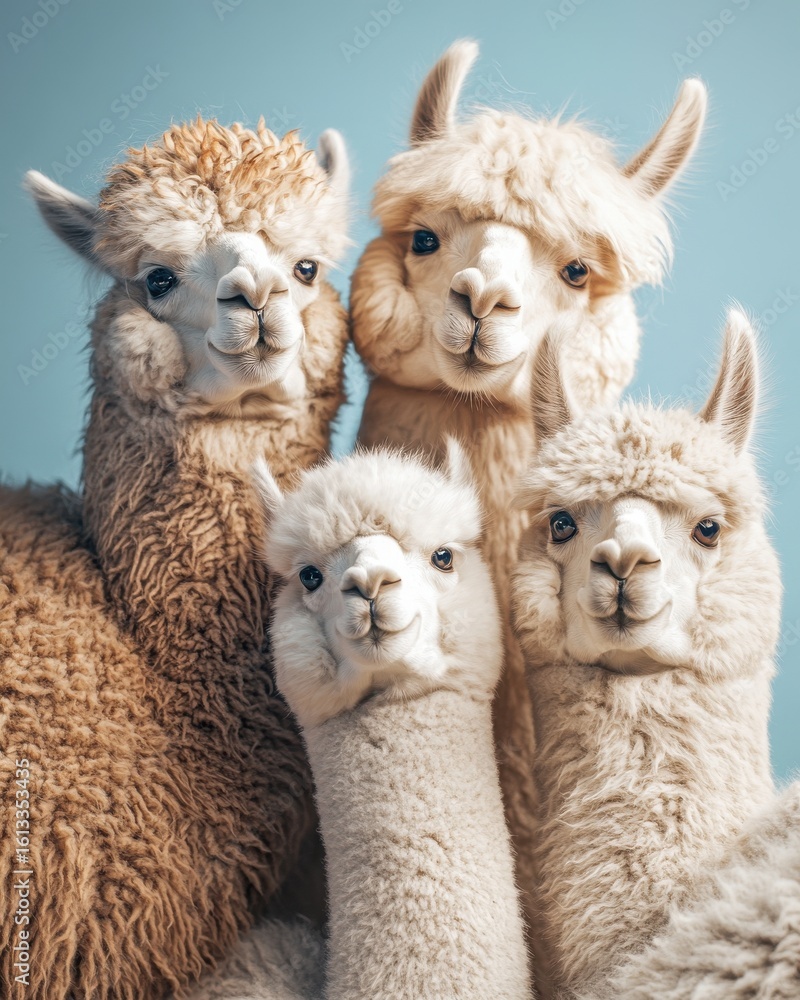 Obraz premium A charming group of fluffy, light-colored alpacas posing together with soft expressions.