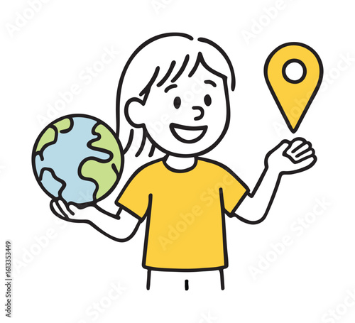 Happy Girl Holding Globe and Location Pin. Earth, Geography Learning, Map Marker Educational Concept