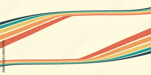 Abstract colorful 70s background vector. Vintage retro wallpaper with rainbow stripes and wavy lines. A 1970 color illustration suitable for posters, banners, decorative items and wall art.