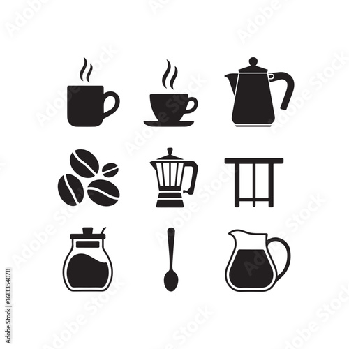 Collection of coffee related icons including cups coffee beans pots sugar bowl spoon and creamer isolated on white background silhouette