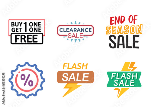 Colorful assortment of sale promotion labels for various retail discounts