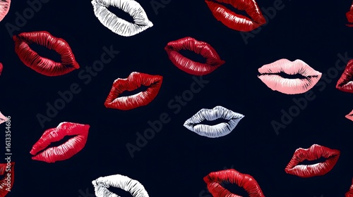 lipstick kiss marks seamless pattern pop art on black background  