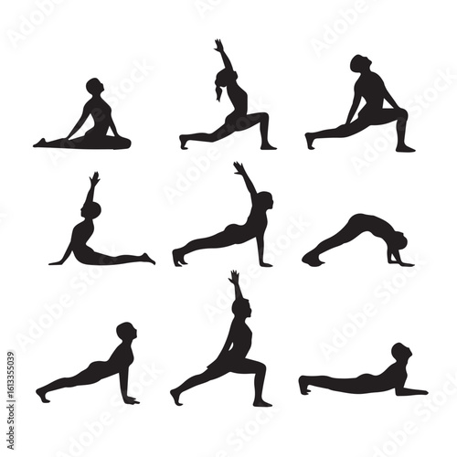 Collection of diverse yoga poses silhouettes demonstrating flexibility and strength isolated on white background silhouette