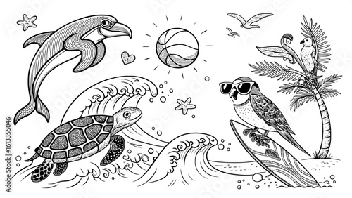 “A stylized collection of summer-themed animal line drawings in black and white: a dolphin jumping over waves, a crab with a beach ball, a parrot on a branch, a sunbathing turtle, a fish with sunglass
