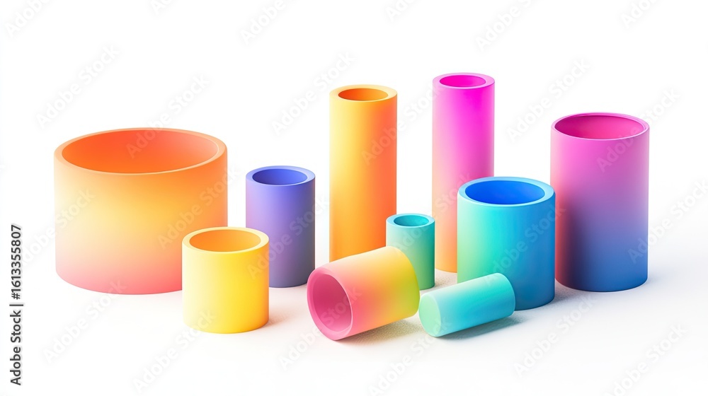 Vibrant Gradient Cylinders Arranged in a Dynamic Composition on White Background Vibrant Gradient Cylinders Arranged in a Dynamic Composition on White Background
